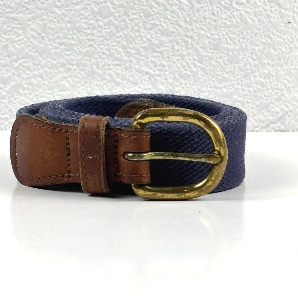 Woven Belt Mens 40‎ Navy Blue Good Leather Trim Brass Buckle Webbing